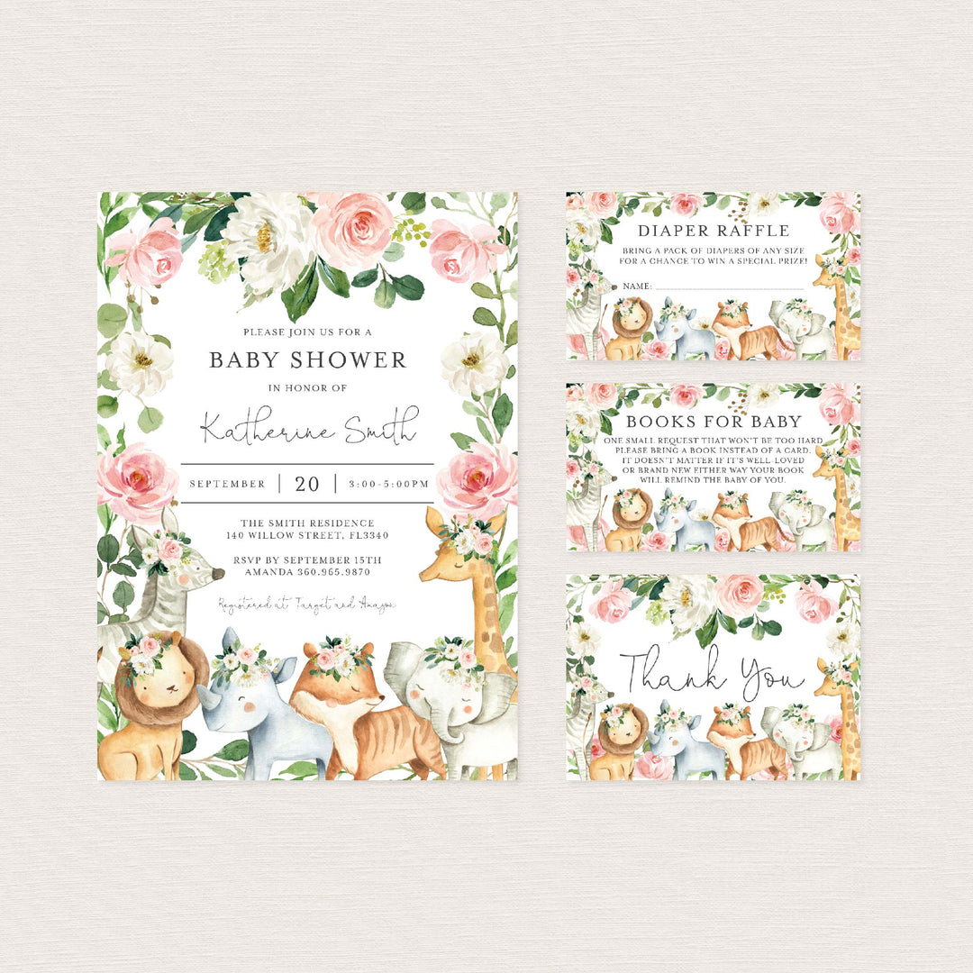 Safari Animals Blush Baby Shower Suite Printable