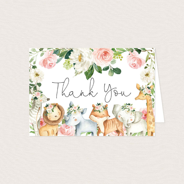 Safari Animals Blush Baby Shower Thank You Card Printable