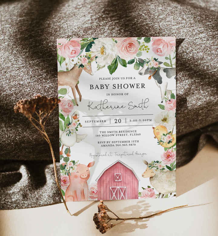On The Farm Blush Baby Shower Invitation Printable