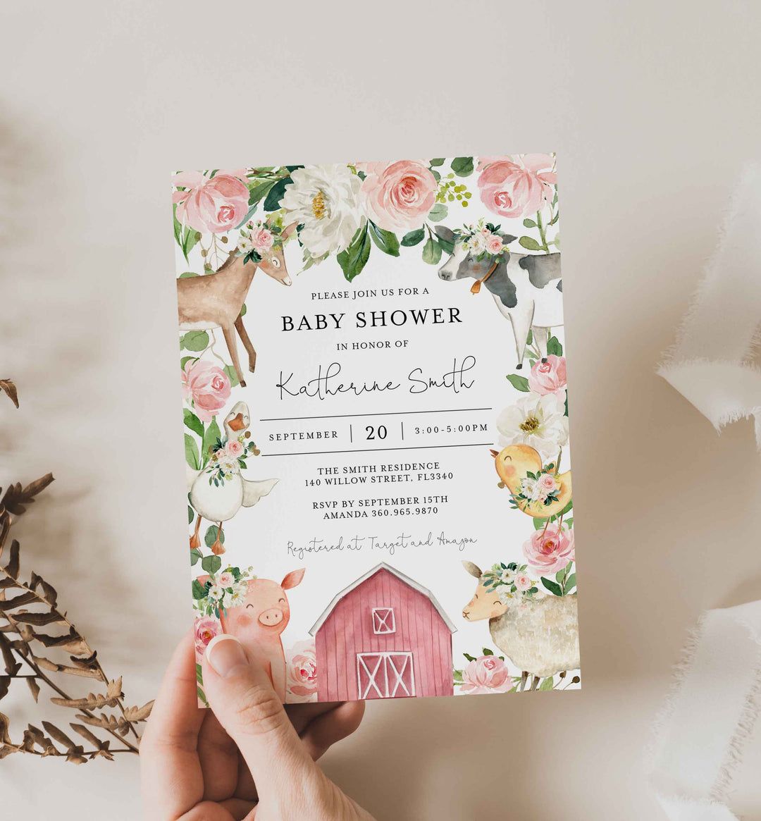 On The Farm Blush Baby Shower Invitation Printable