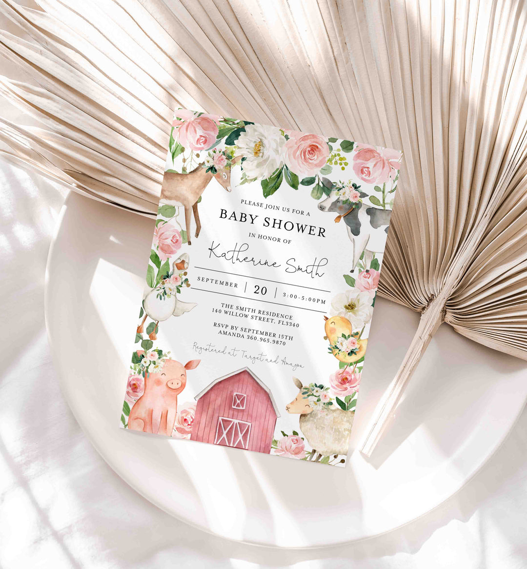 On The Farm Blush Baby Shower Invitation Printable