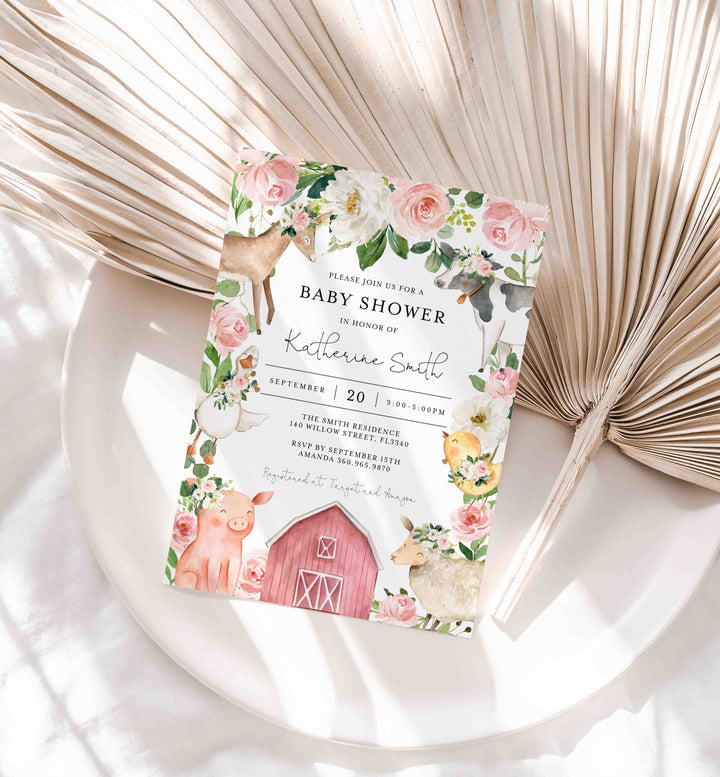 On The Farm Blush Baby Shower Invitation Printable