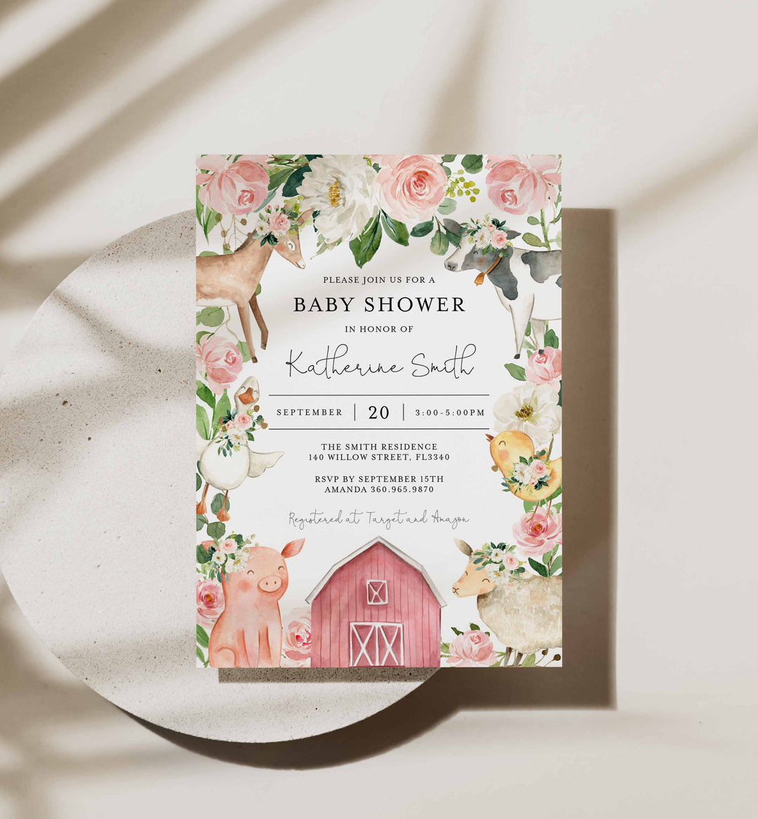 On The Farm Blush Baby Shower Invitation Printable
