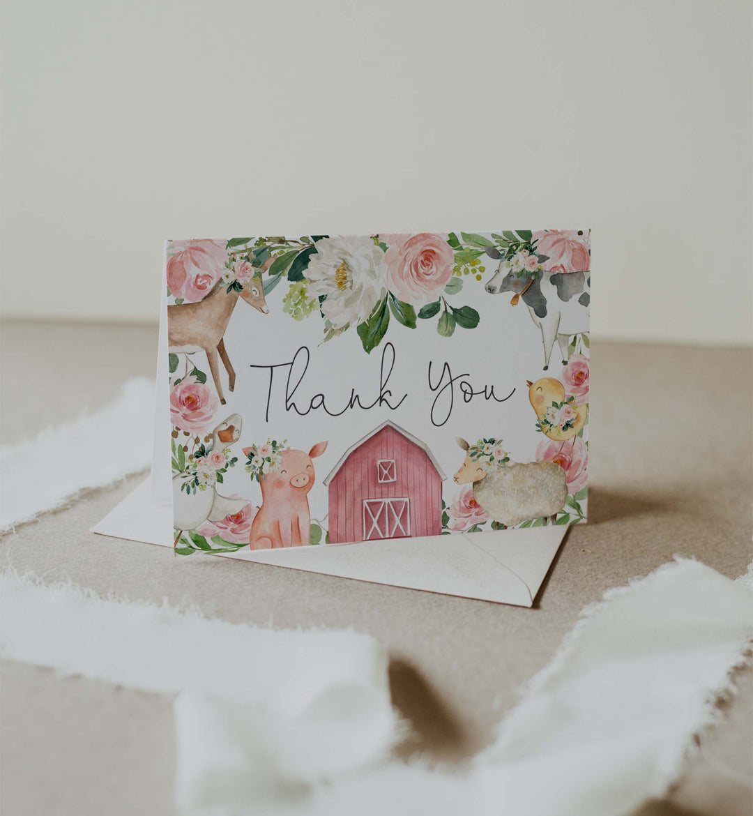 On The Farm Blush Baby Shower Thank You Card Printable