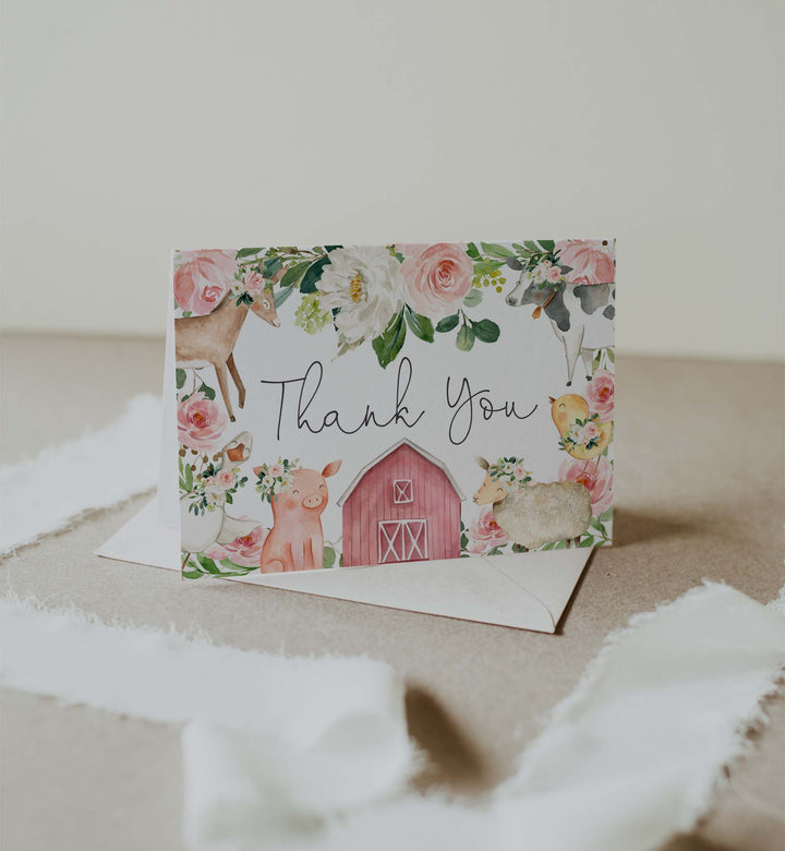 On The Farm Blush Baby Shower Thank You Card Printable