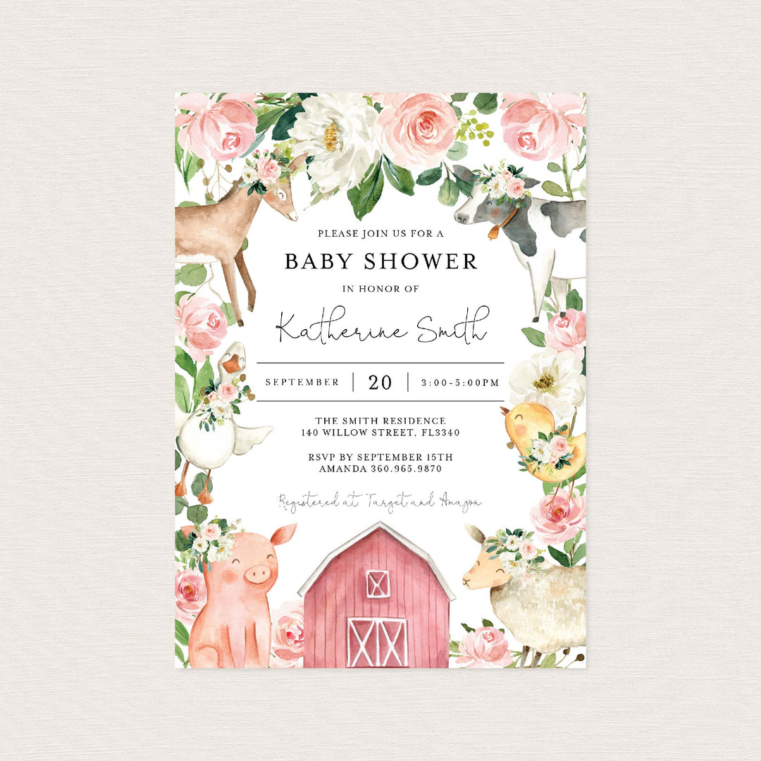 On The Farm Blush Baby Shower Invitation Printable