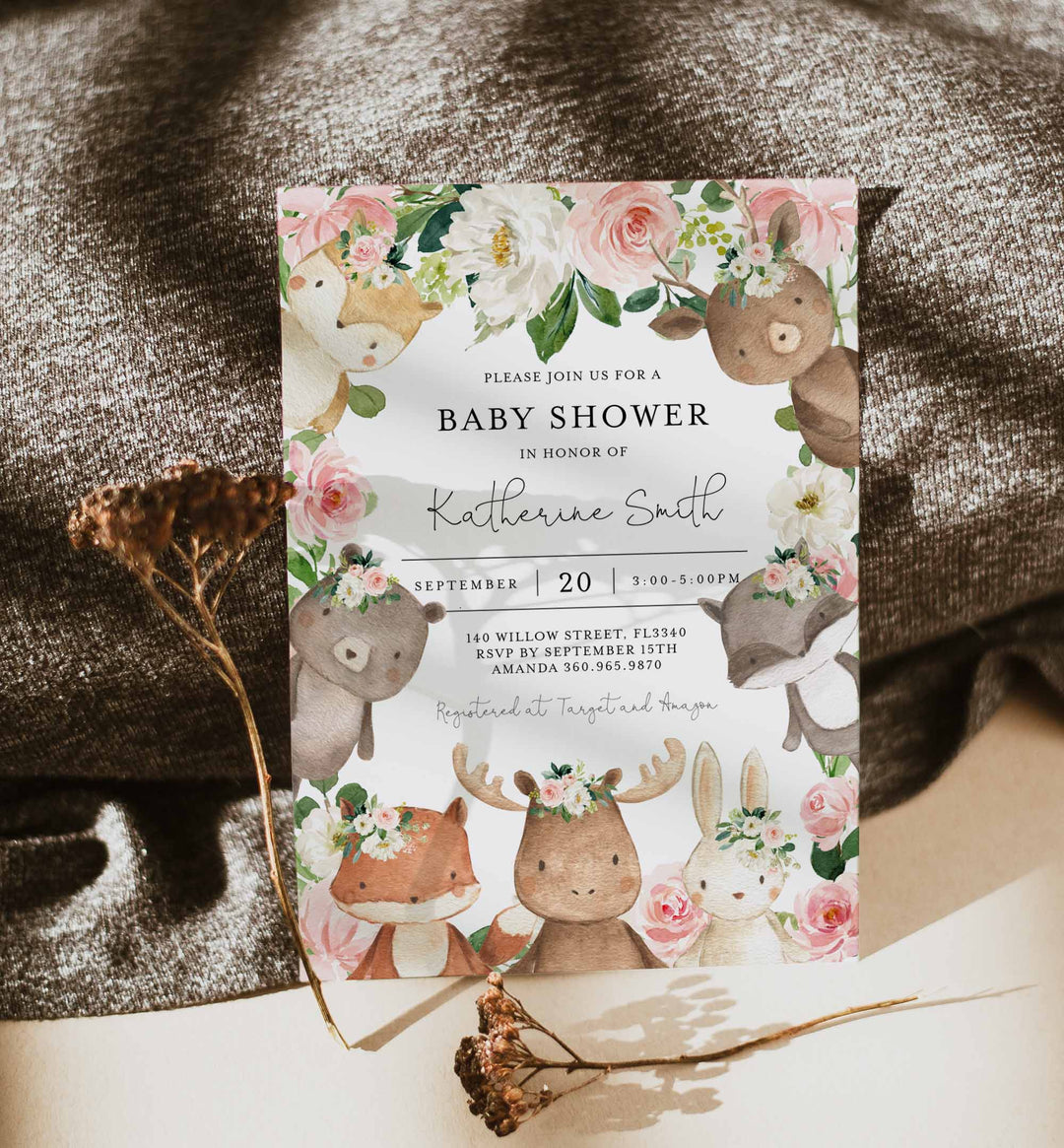 Woodland Friends Blush Baby Shower Invitation Printable