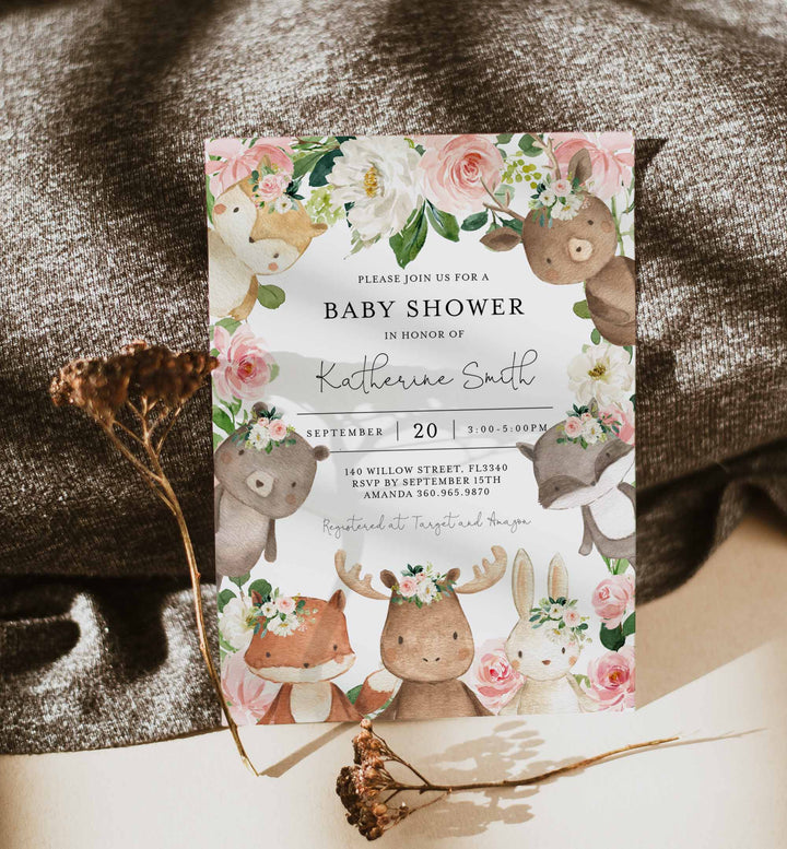 Woodland Friends Blush Baby Shower Invitation Printable
