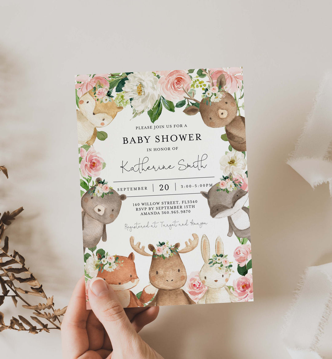 Woodland Friends Blush Baby Shower Invitation Printable