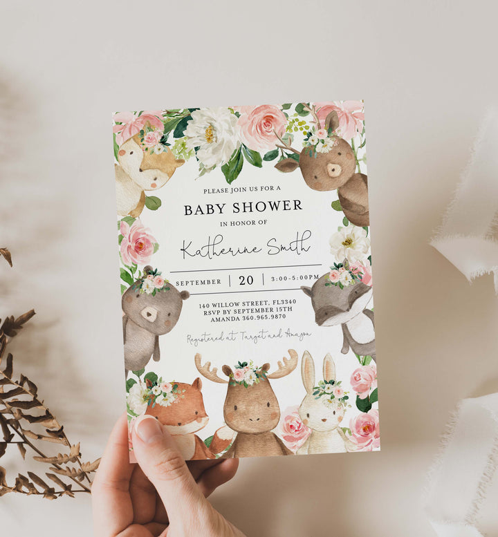 Woodland Friends Blush Baby Shower Invitation Printable