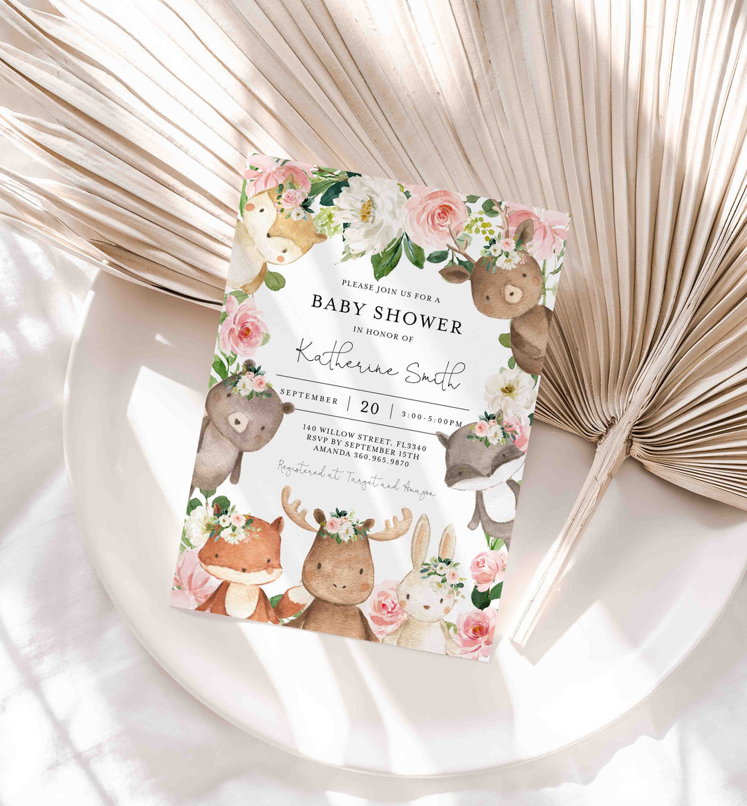 Woodland Friends Blush Baby Shower Invitation Printable