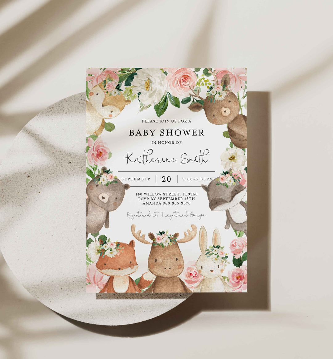 Woodland Friends Blush Baby Shower Invitation Printable
