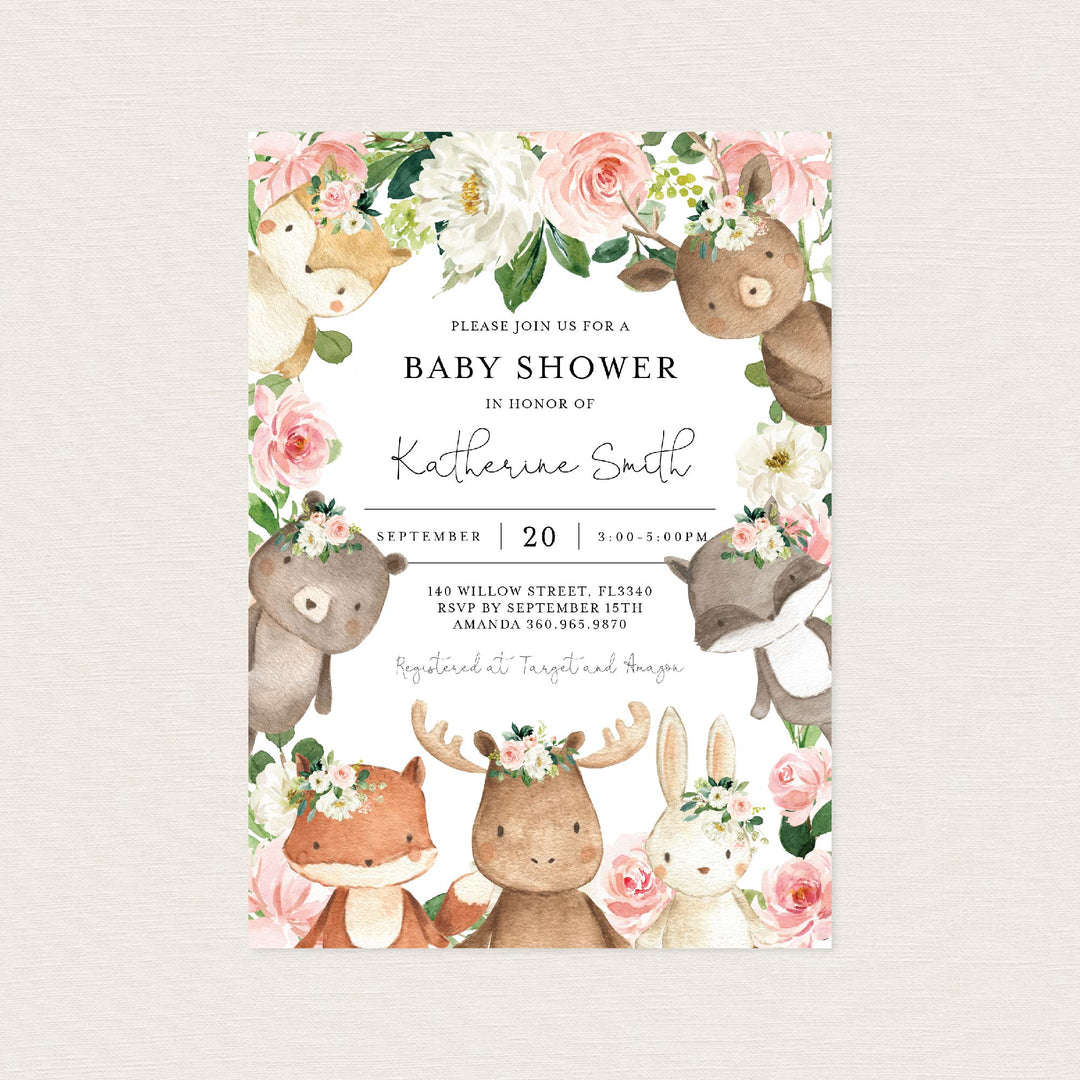 Woodland Friends Blush Baby Shower Invitation Printable