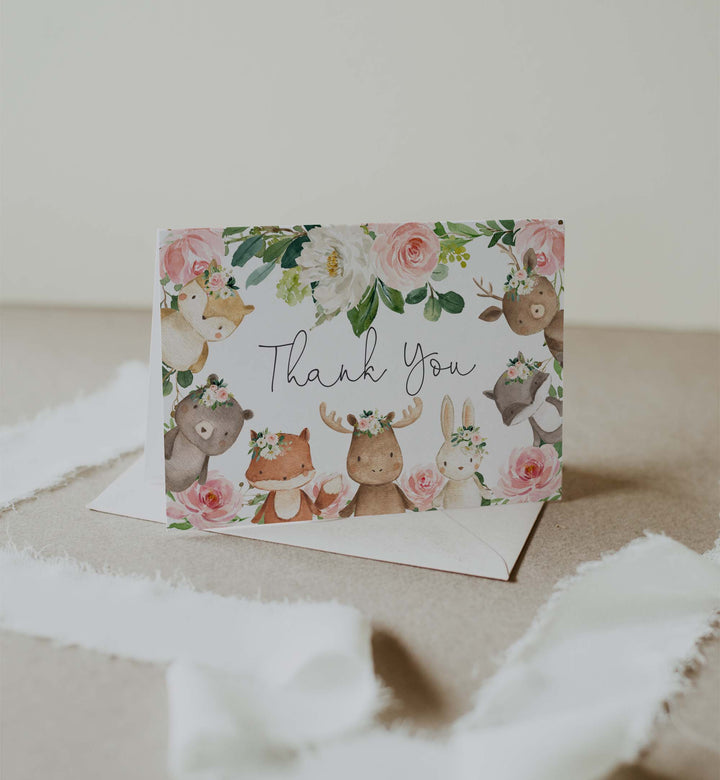 Woodland Friends Blush Baby Shower Thank You Card Printable