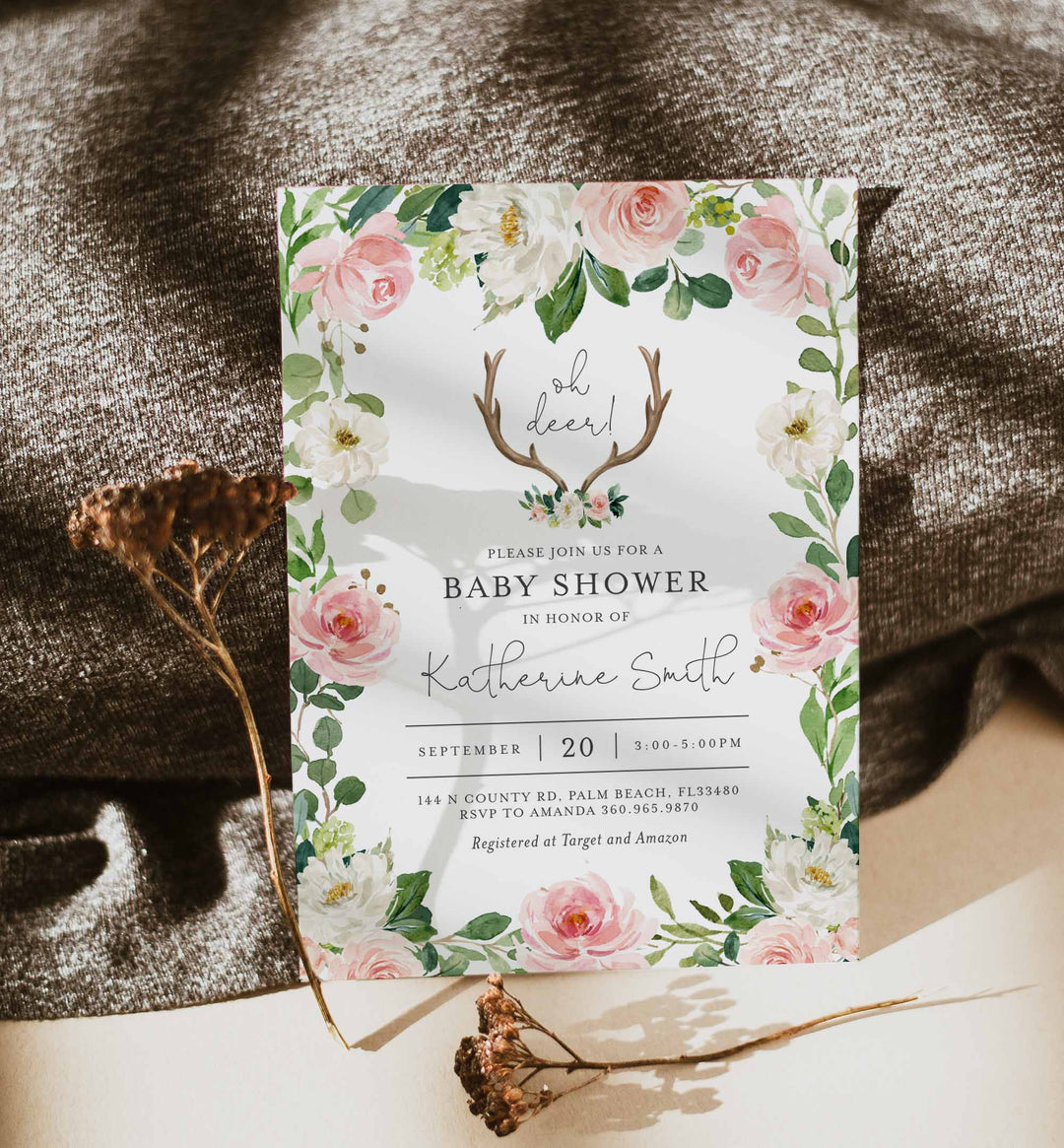 Antler Blush Baby Shower Invitation Printable