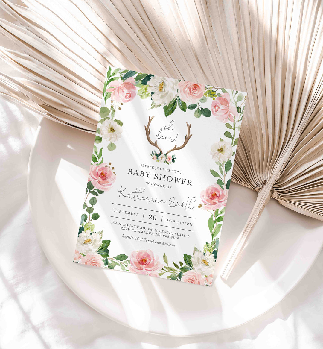 Antler Blush Baby Shower Invitation Printable