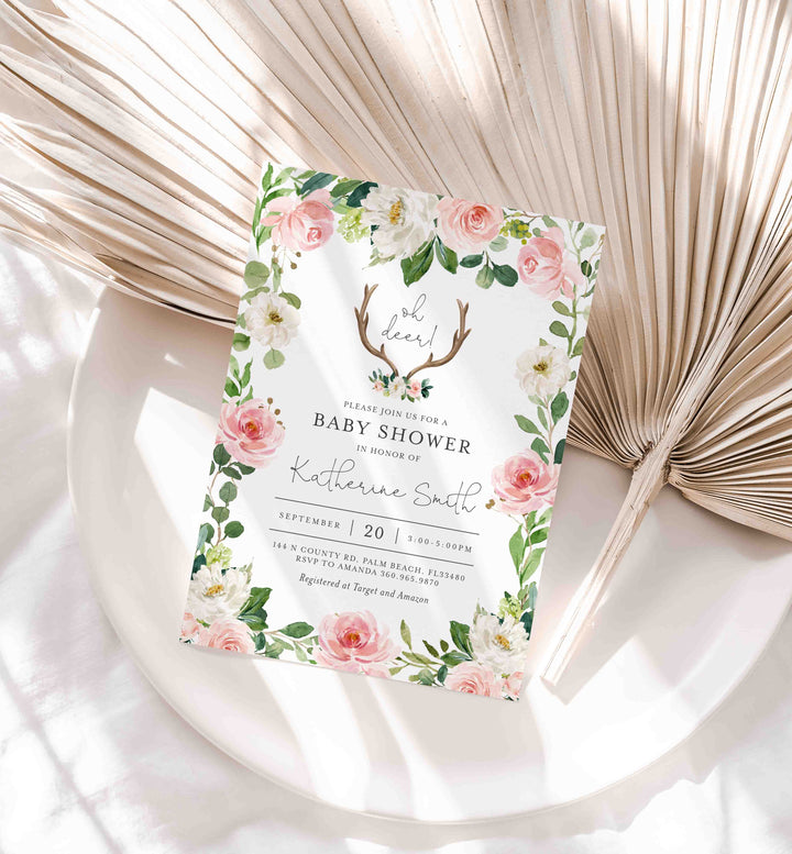 Antler Blush Baby Shower Invitation Printable
