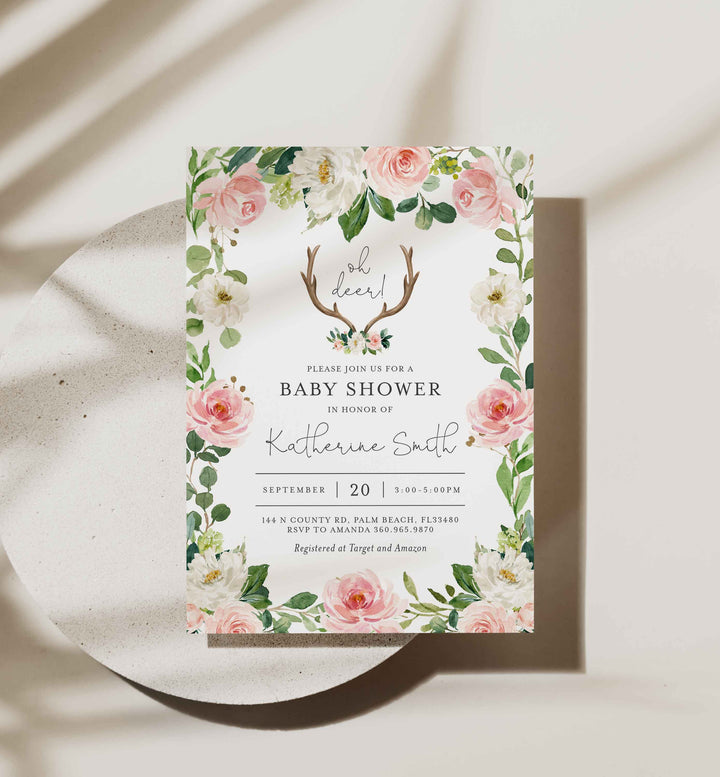 Antler Blush Baby Shower Invitation Printable