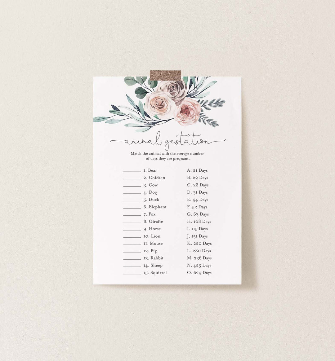 Boho Rose Baby Shower Animal Gestation Game Printable