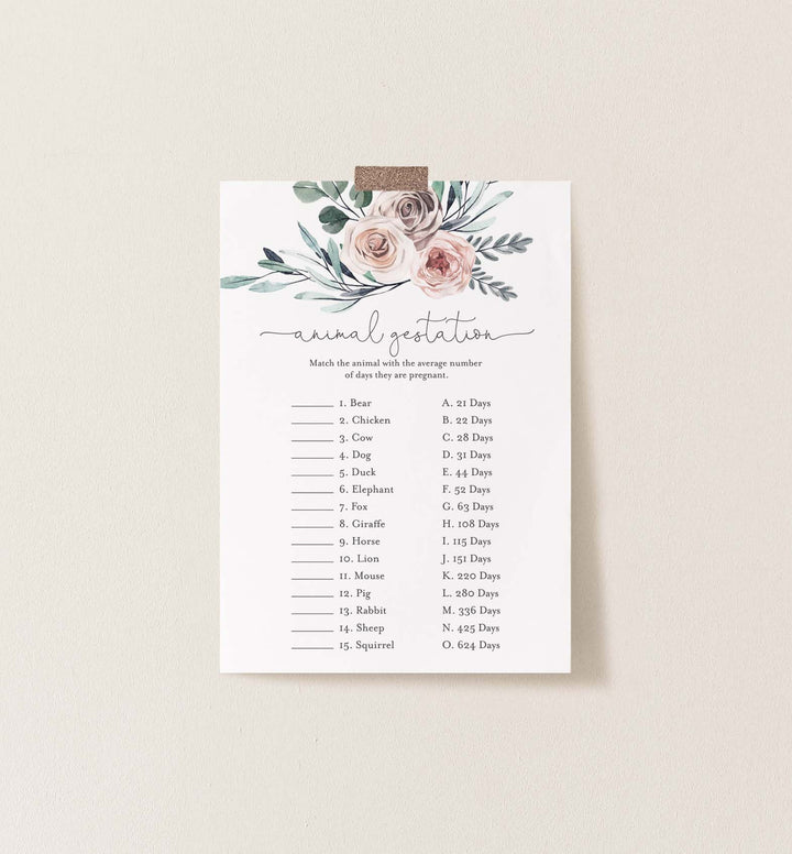 Boho Rose Baby Shower Animal Gestation Game Printable