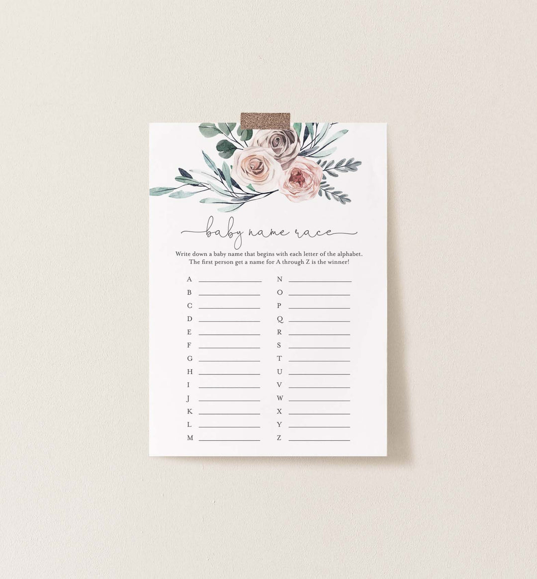 Boho Rose Baby Shower Name Race Game Printable