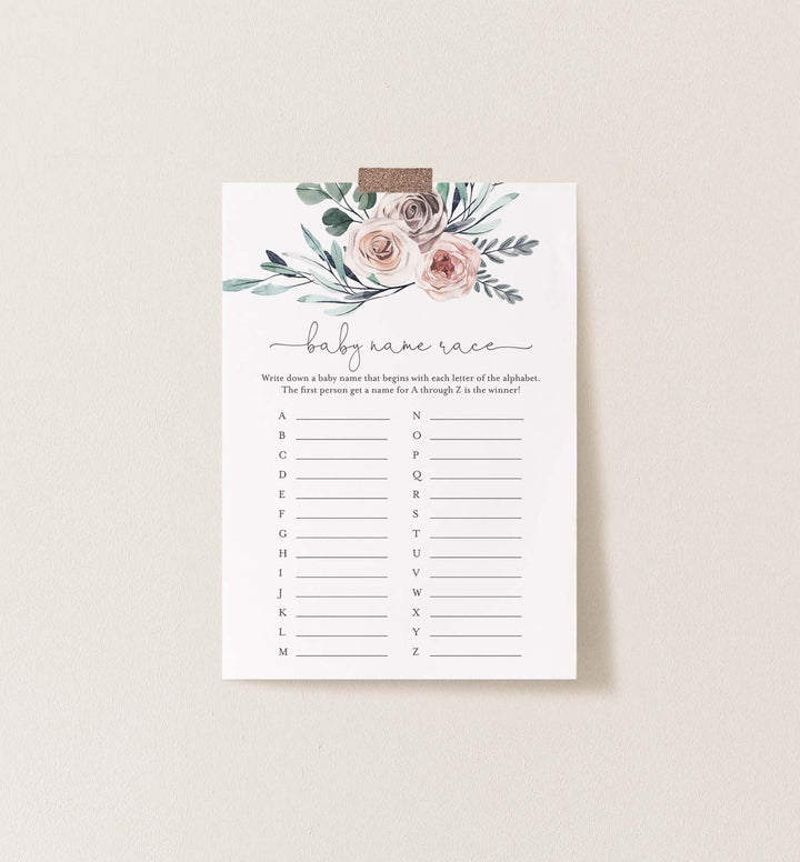 Boho Rose Baby Shower Name Race Game Printable