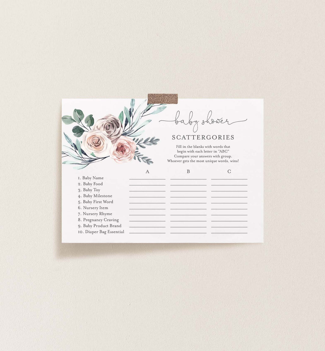Boho Rose Baby Shower Scattergories Game Printable