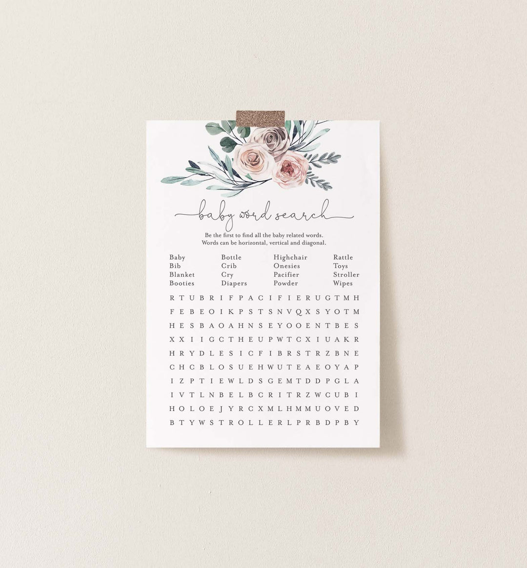 Boho Rose Baby Shower Word Search Game Printable