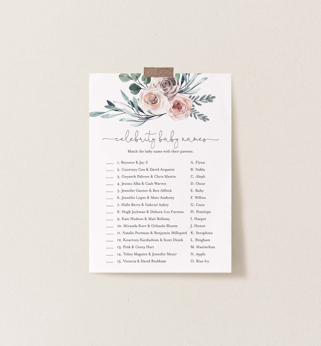 Boho Rose Baby Shower Celebrity Baby Names Game Printable