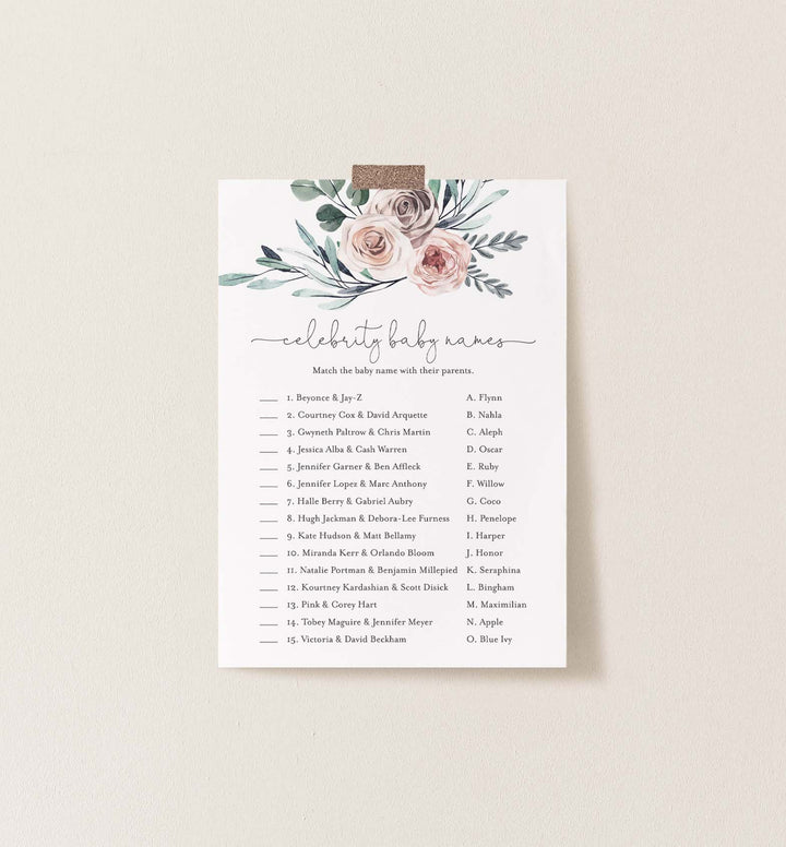 Boho Rose Baby Shower Celebrity Baby Names Game Printable