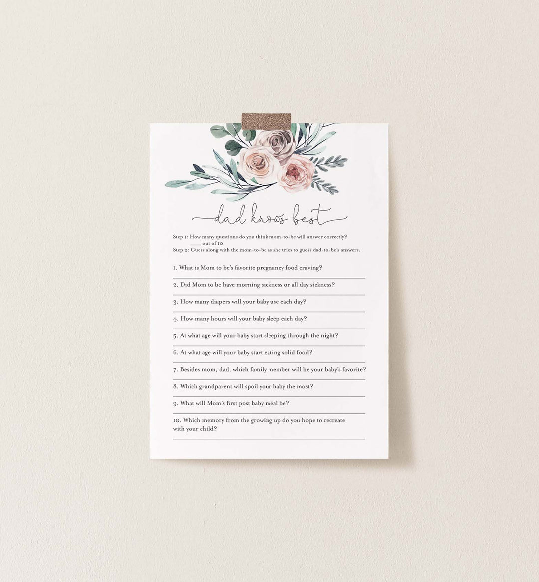 Boho Rose Baby Shower Dad Knows Best Game Printable