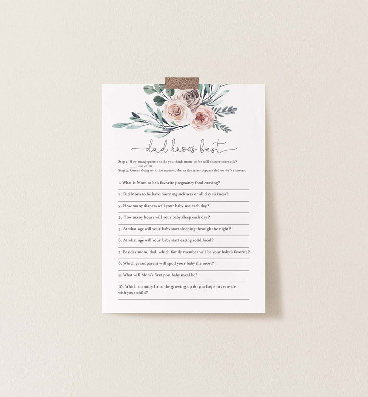 Boho Rose Baby Shower Dad Knows Best Game Printable