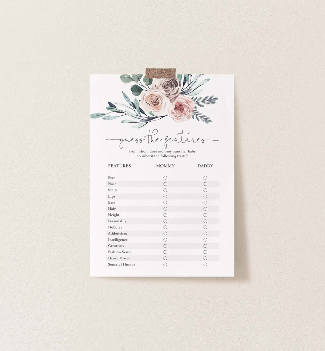 Boho Rose Baby Shower Guess The Features Game Printable