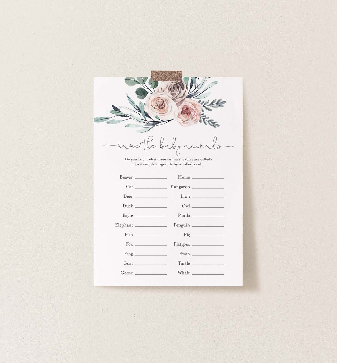 Boho Rose Baby Shower Name The Baby Animals Game Printable