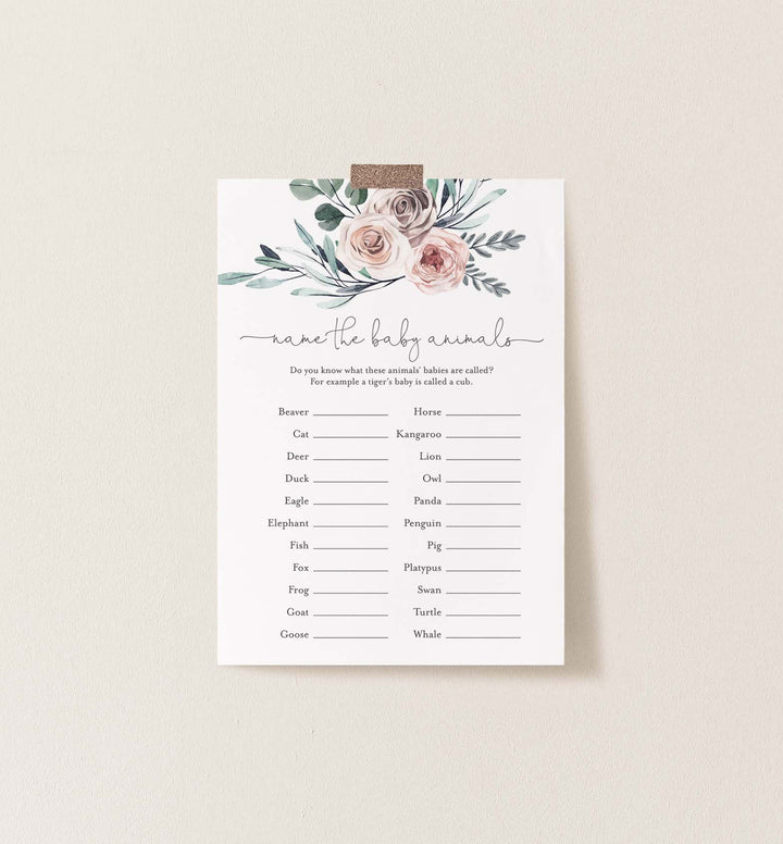 Boho Rose Baby Shower Name The Baby Animals Game Printable