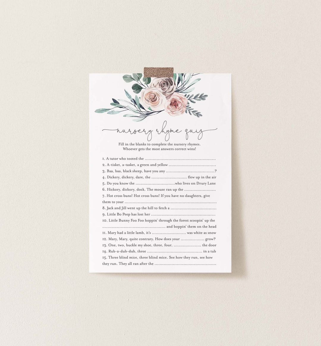 Boho Rose Baby Shower Nursery Rhyme Quiz Game Printable