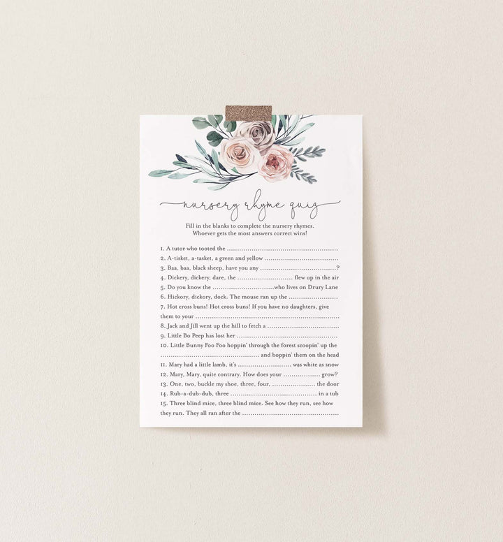 Boho Rose Baby Shower Nursery Rhyme Quiz Game Printable