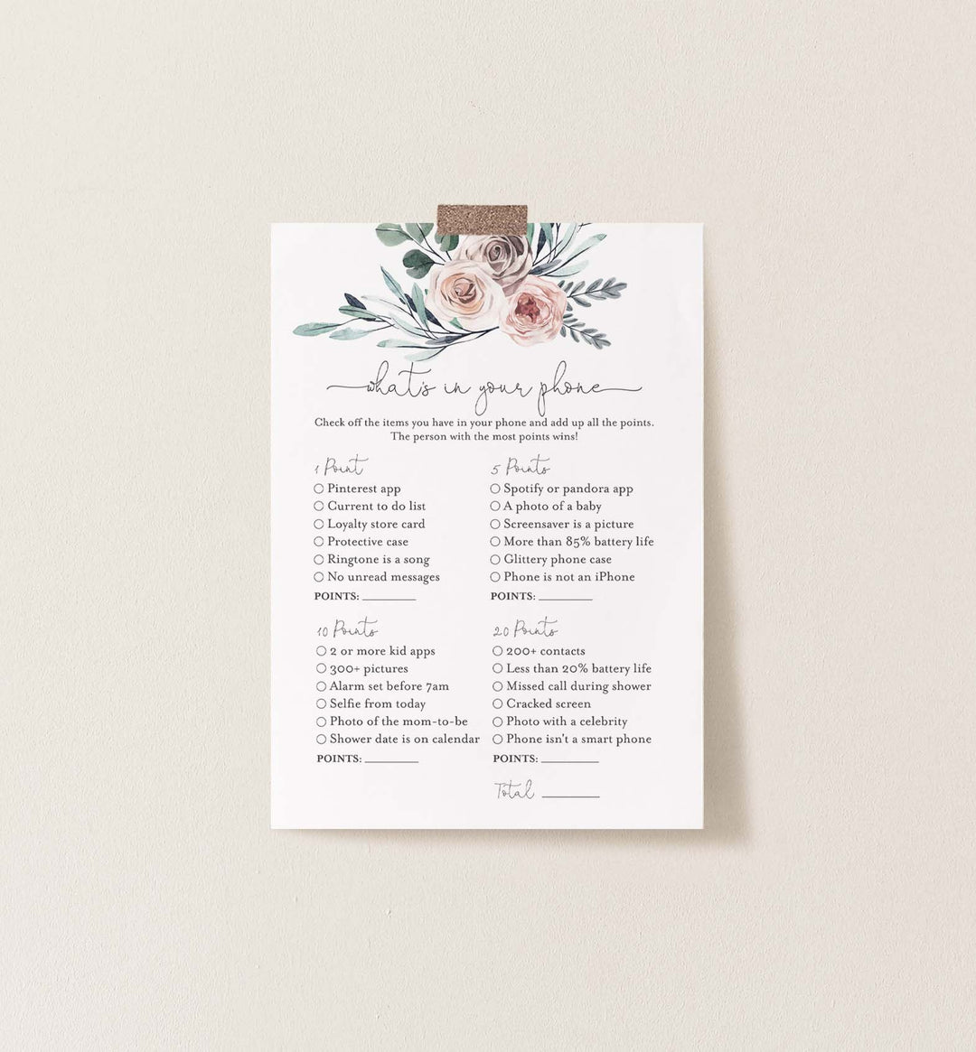 Boho Rose Baby Shower What's In Your Phone Game Printable