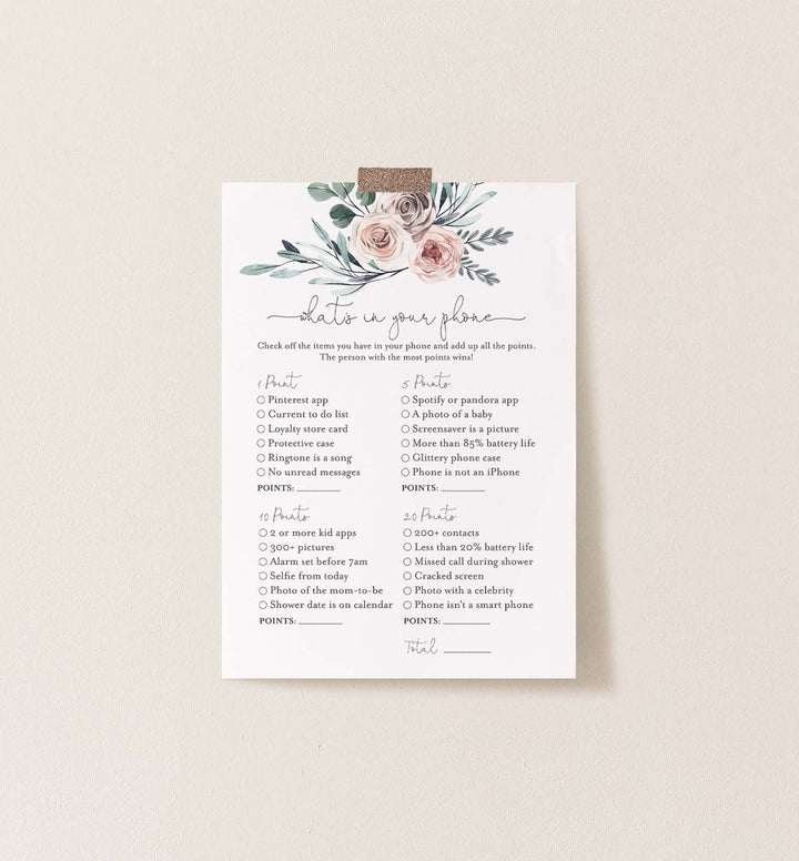 Boho Rose Baby Shower What's In Your Phone Game Printable