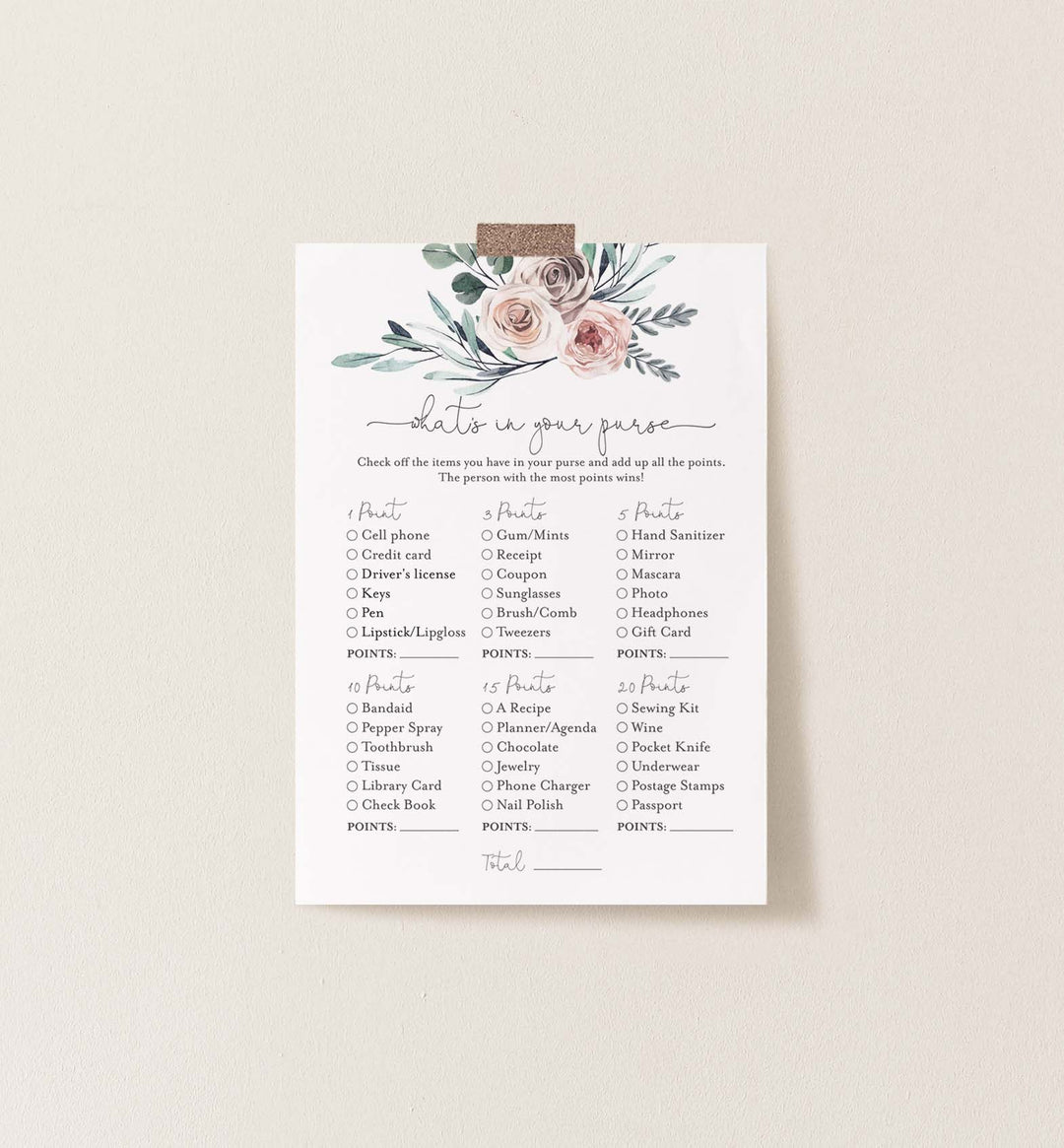 Boho Rose Baby Shower What's In Your Purse Game Printable