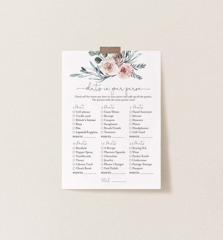 Boho Rose Baby Shower What's In Your Purse Game Printable