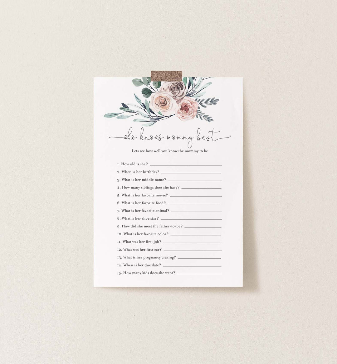 Boho Rose Baby Shower Who Knows Mummy Best Game Printable