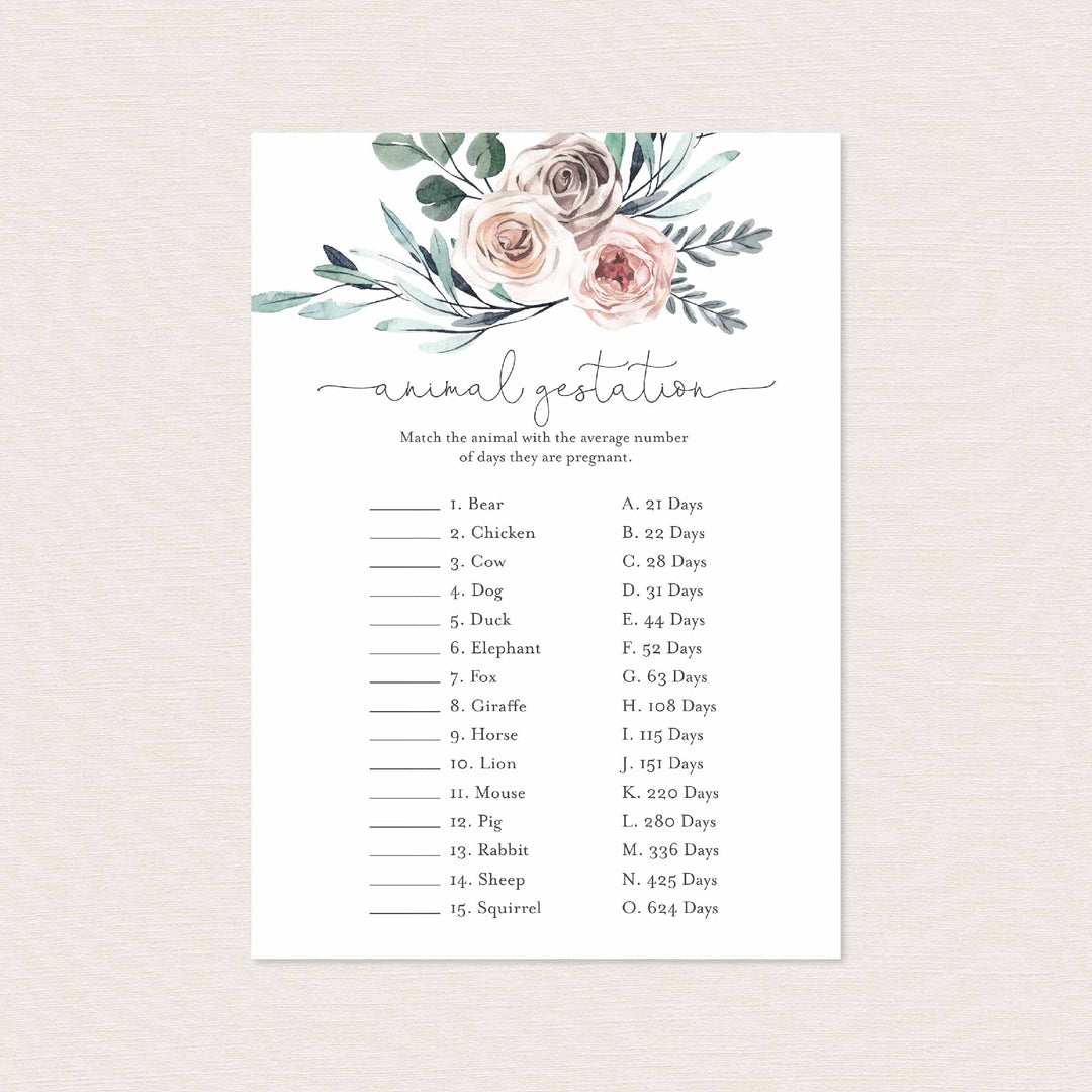 Boho Rose Baby Shower Animal Gestation Game Printable