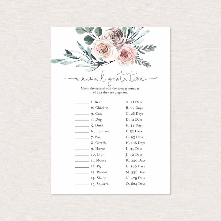 Boho Rose Baby Shower Animal Gestation Game Printable