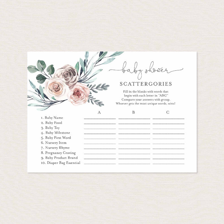 Boho Rose Baby Shower Scattergories Game Printable