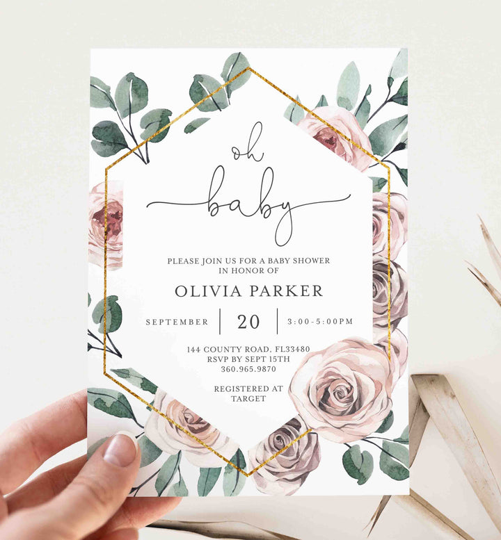 Boho Rose Baby Shower Invitation Printable