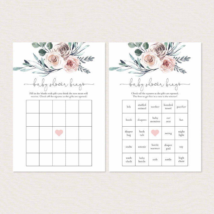 Boho Rose Baby Shower Bingo Game Printable