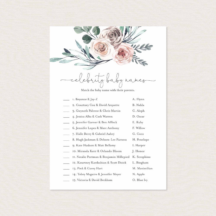 Boho Rose Baby Shower Celebrity Baby Names Game Printable