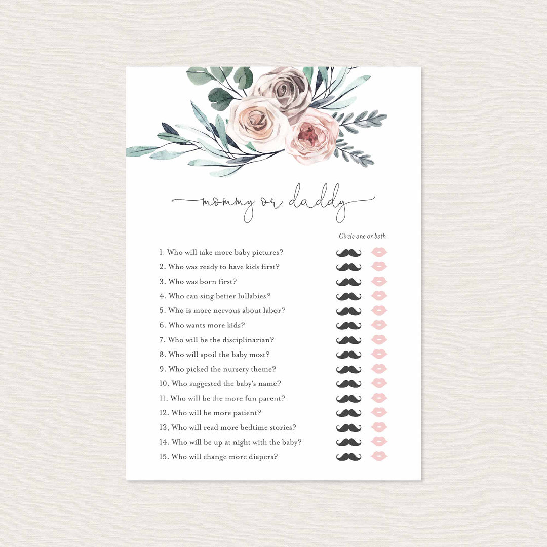 Boho Rose Baby Shower Mummy or Daddy Game Printable