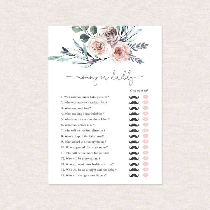 Boho Rose Baby Shower Mummy or Daddy Game Printable